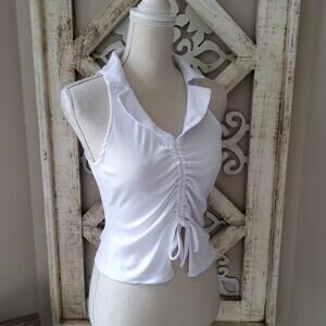 No Comment Women's Junior Crop Top with Ruched Tie Front Collar V-Neck in White